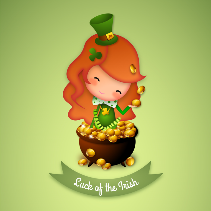 St. Patrick's Day Red Head Girl in a pot of gold with Luck of the Irish banner, Vector Illustration
