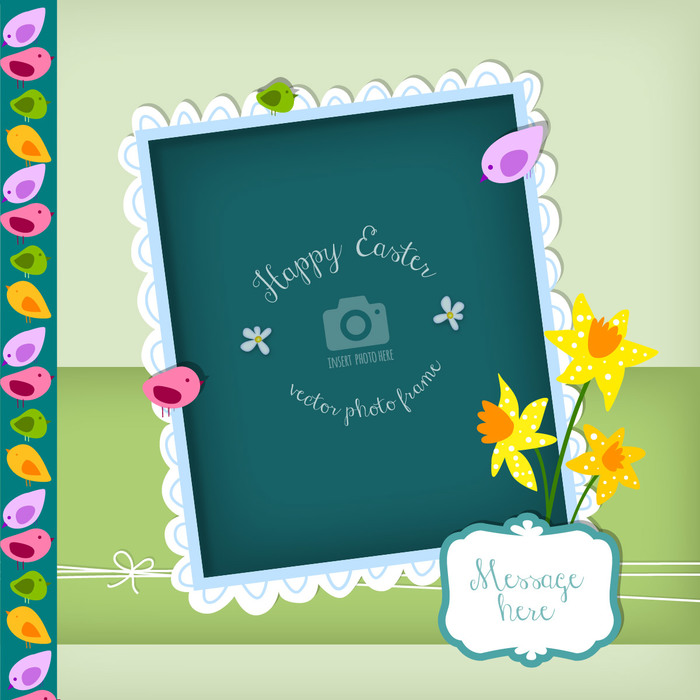 Happy Easter Decorative Vector Photo Frame Greeting Card with Daffodils