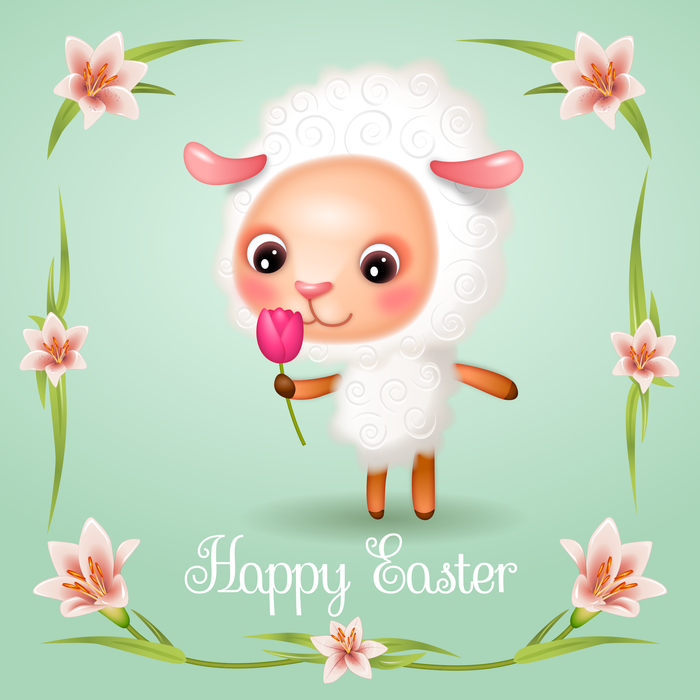 Happy Easter Lamb with Tulip and Lilies Vector Illustration
