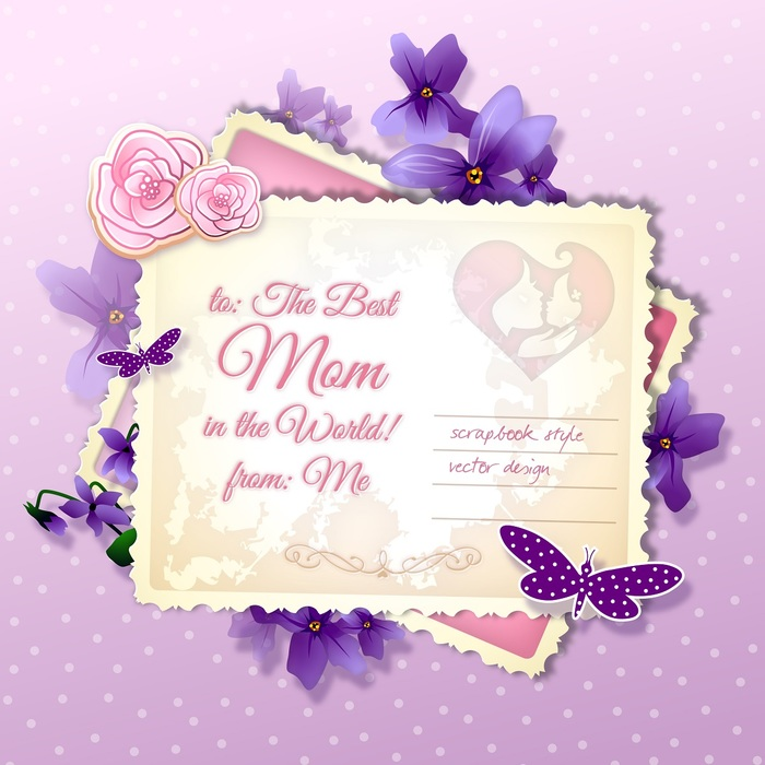 Happy Mother's Day Postcard Greetings with Violet Flowers and Butterflies Vector Illustration
