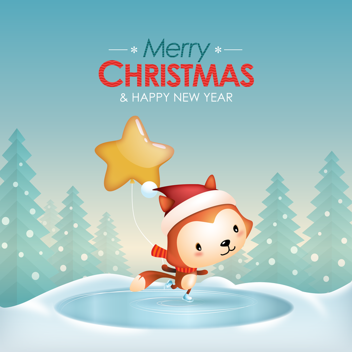 Skating on Ice Fox holding a Gold Star balloon with Merry Christmas & Happy New Year Greeting Card